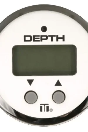 Novità Ecoscandaglio da incasso Veethree bianco con display LCD polarizzato, scala in metri/piedi, allarmi di profondità, trasduttore di 200 kHz e cavo da 9 m.