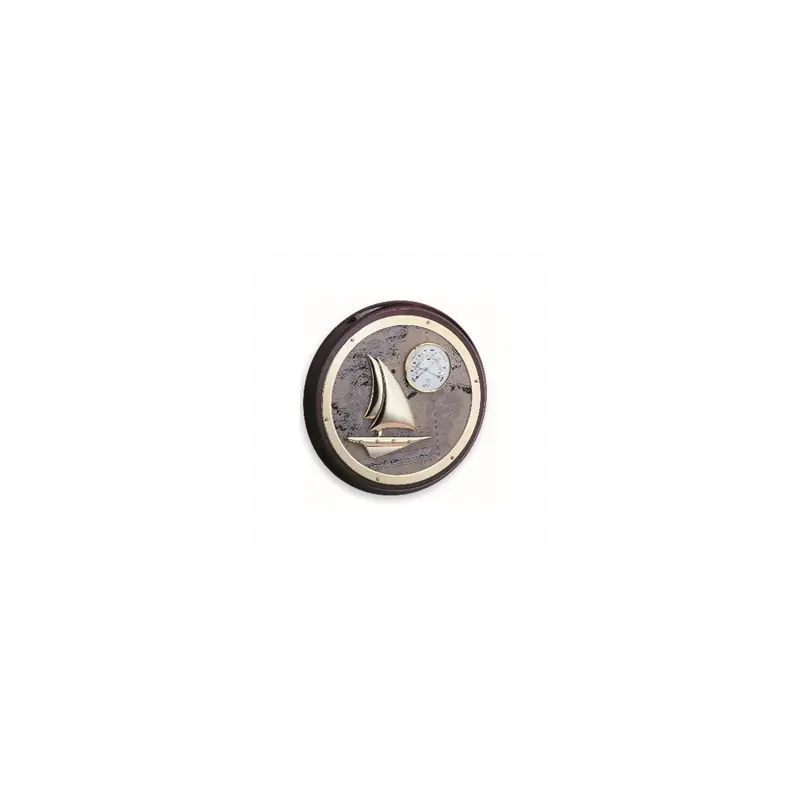 Termoigrometro Foresti e Suardi con veliero in ottone lucido su supporto in legno Ø355mm, fondo carta nautica. Perfetto per la nautica e l'arredamento marittimo. Pagamento Sicuro