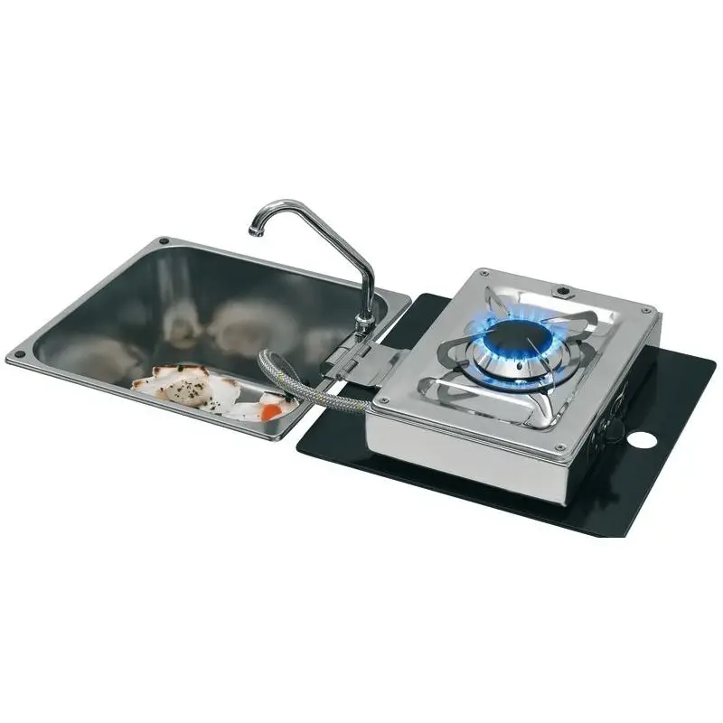Piano Cottura Ribaltabile a Cerniera in Lavello in Acciaio Inox Lucidato con Rubinetto Pieghevole e Coperchio in Vetro Temperato per Barche e Nautica Super Prezzo