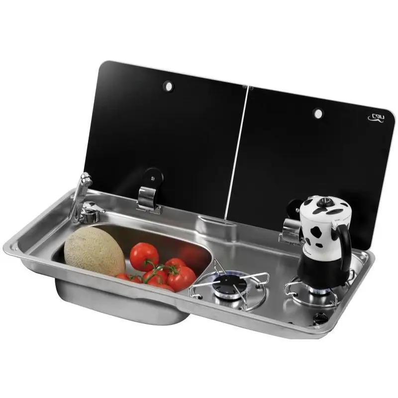 Offerta Speciale Piano di cottura con coperchio in vetro temperato fumè, lavello e rubinetto con miscelatore acqua calda/fredda per barche e nautica.