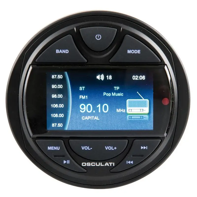 Popolare Radio da cruscotto Osculati con Bluetooth/USB/MP3/FM/DAB, display a colori 3 video line in/out, potenza 4x40 W, installabile anche esternamente, con antenna DAB e telecomando.