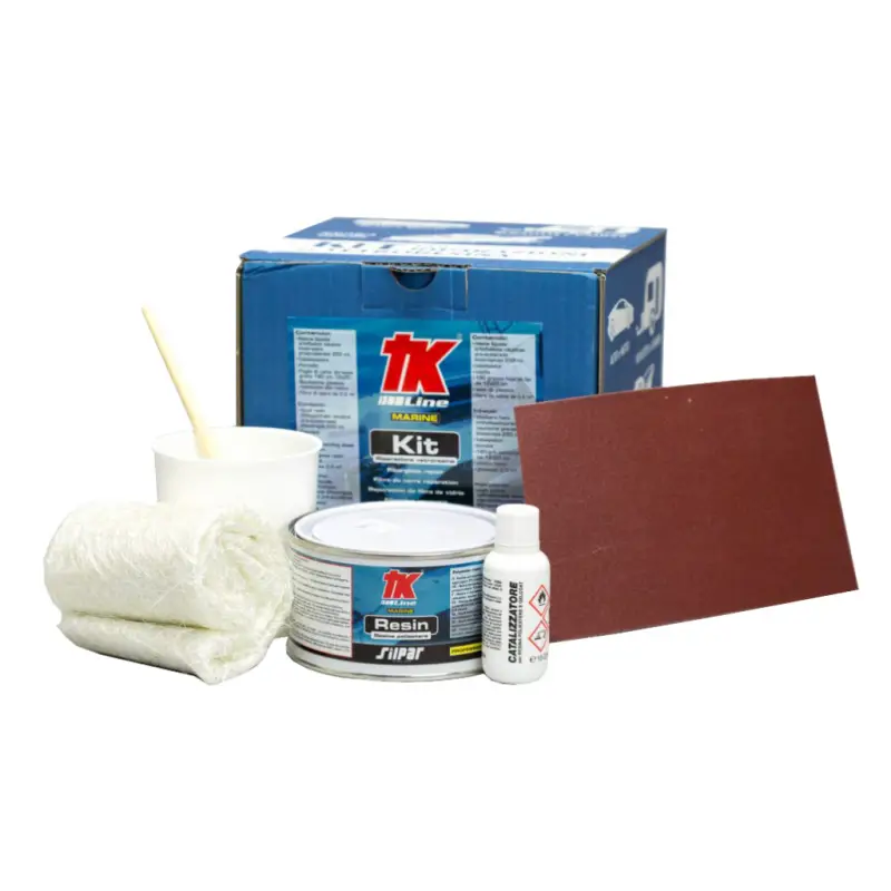 Miglior Prezzo Kit Riparazione Vetroresina Silpar TK - Resina Bicomponente 375 ml, Catalizzatore 10 ml, Fibra di Vetro 30x120 cm, Pennello, Carta Abrasiva P180. Ripara e rinforza vetroresina, legno, metallo, plastica, marmo e cemento.