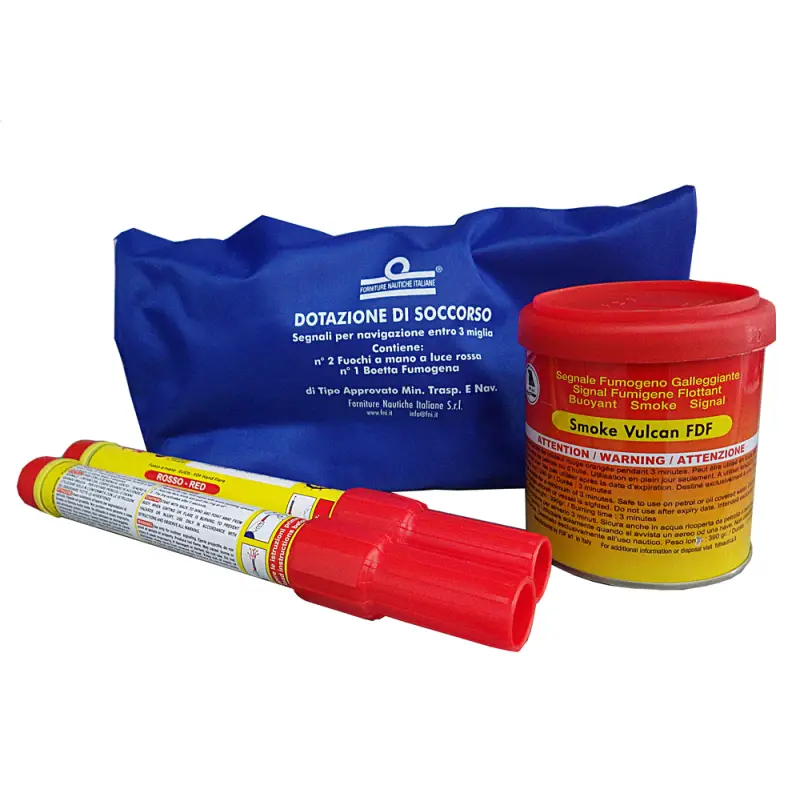 Kit di soccorso Entro 3 miglia diporto - Include 2 Fuochi a Mano e 1 Boetta Fumogena (Articolo soggetto a Ecocontributo) Soddisfatti O Rimborsati