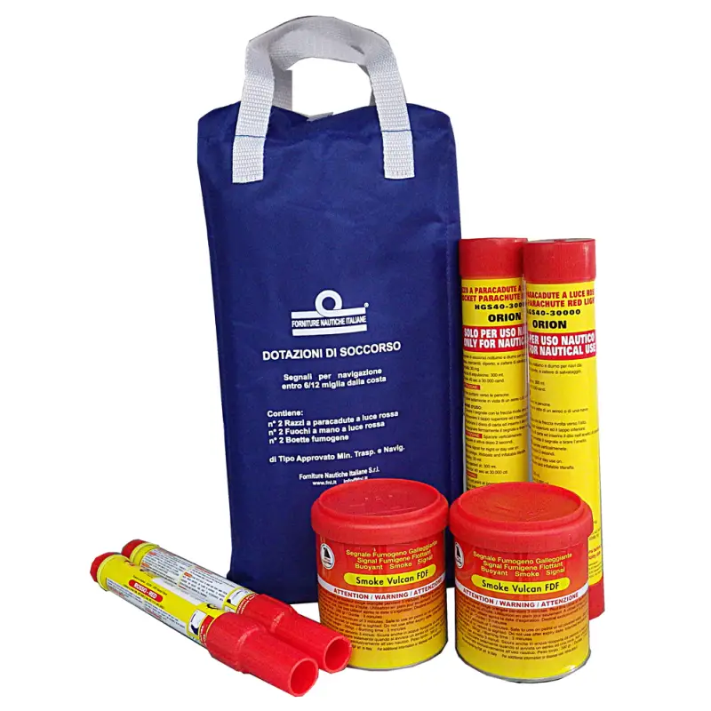 Kit di Soccorso entro 6/12/50 miglia diporto e entro 3/6 miglia charter- Include Fuochi a Mano, Razzi Paracadute e Boette Fumogene - Articolo con Ecocontributo Promozione Esclusiva