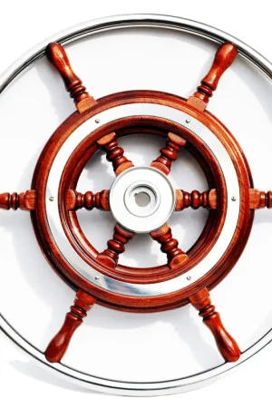 Ruota Timone Tradizionale in Mogano Marino Ø 540/550 mm con Impugnatura in Acciaio Inox e Mozzo in Ottone Cromato Nuova Collezione
