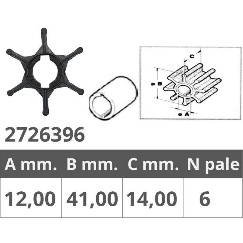 Girante Tohatsu OR.3C7-65021-2 - Ricambio per Motori Nautici con 6 Pale, Ø Int. 12mm, Ø Est. 41mm, Spessore 14mm Quantità Limitata