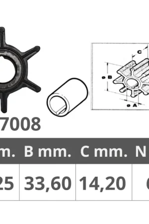 Promozione Girante per Motori Mercury 2T e Tohatsu 2/4T - Ø Int. 10,25 mm, Ø Est. 33,6 mm, Spessore 14,3 mm, 6 Pale - Ricambio Nautico di Qualità