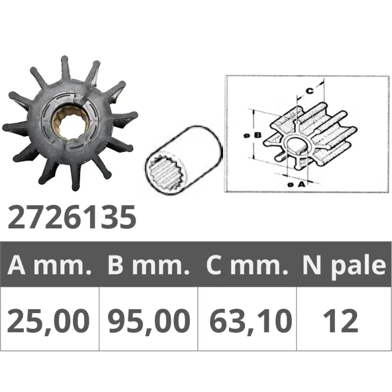 Promo Stagionale Girante Jabsco 17935 - 09-819B per Nautica, Ø int. 25mm, Ø est. 95mm, Spessore 63,1mm, 12 Pale