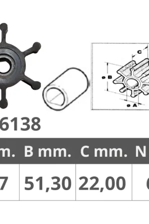 Girante Jabsco 6303 John 09-824 P - Alta Qualità, Ø Interno 8,07 mm, Ø Esterno 51,3 mm, Spessore 22 mm, 6 Pale - Ricambio Nautico Essenziale Compra Adesso