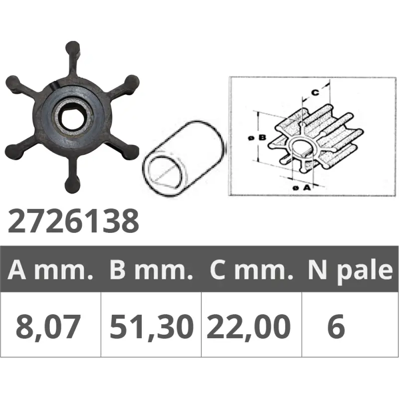 Girante Jabsco 6303 John 09-824 P - Alta Qualità, Ø Interno 8,07 mm, Ø Esterno 51,3 mm, Spessore 22 mm, 6 Pale - Ricambio Nautico Essenziale Compra Adesso