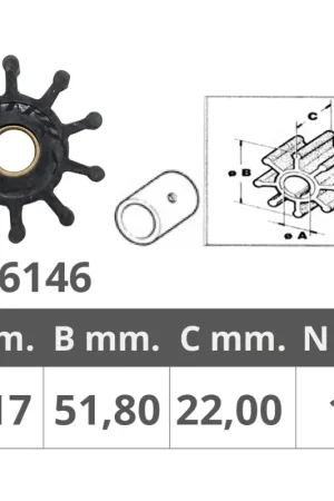 Girante Jabsco RIF.OR18653 Vetus 00701 - Girante per motori K3/3D/4 - Dimensioni Ø interno 12,15 mm, Ø esterno 50,8 mm, spessore 22,1 mm, 10 pale Occasione Imperdibile