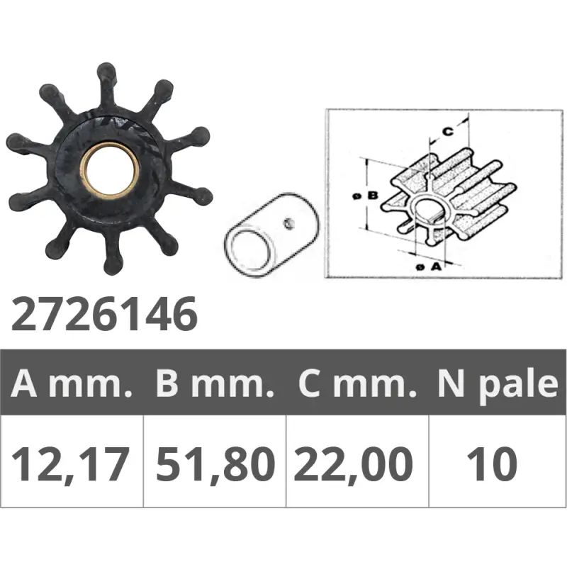 Girante Jabsco RIF.OR18653 Vetus 00701 - Girante per motori K3/3D/4 - Dimensioni Ø interno 12,15 mm, Ø esterno 50,8 mm, spessore 22,1 mm, 10 pale Occasione Imperdibile