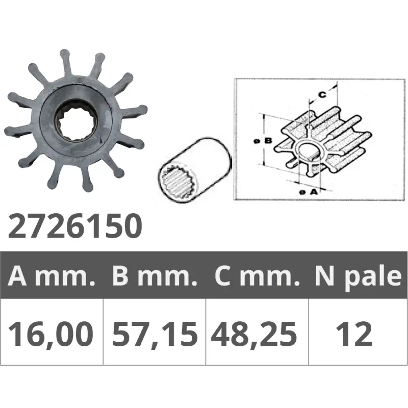 Girante Jabsco 13554-6001 - Girante Nautica 12 Pale Ø 16 mm (Intero) e Ø 57,15 mm (Esterno) Spessore 48,25 mm Consegna Rapida