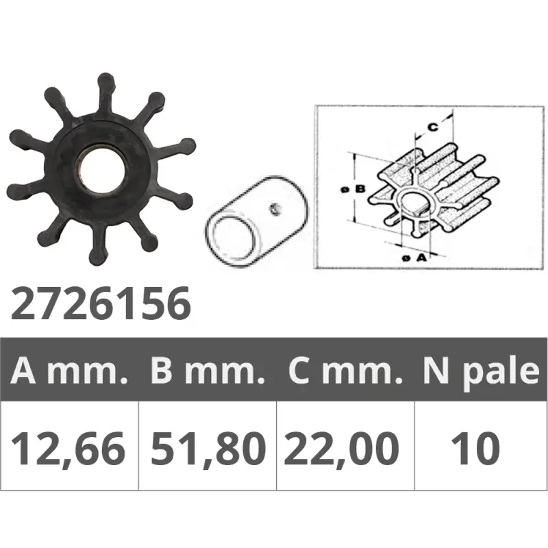 Girante Jabsco 18673-0001 - Ricambio Nautico per Pompa Acqua con 10 Pale, Dimensioni Ø Int. 12,66 mm, Ø Est. 51,8 mm, Spessore 22 mm Offerta