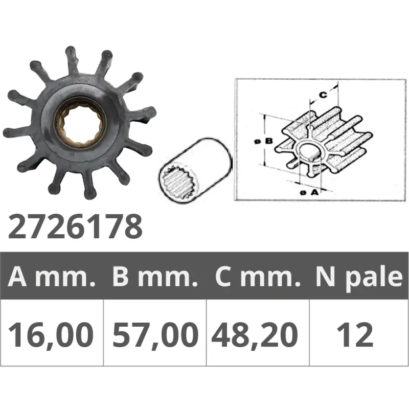 Girante Volvo 3842786 - Girante Nautica con 12 Pale - Dimensioni Ø Interno 14,5 mm, Ø Esterno 57 mm, Spessore 48,3 mm Pagamento Sicuro