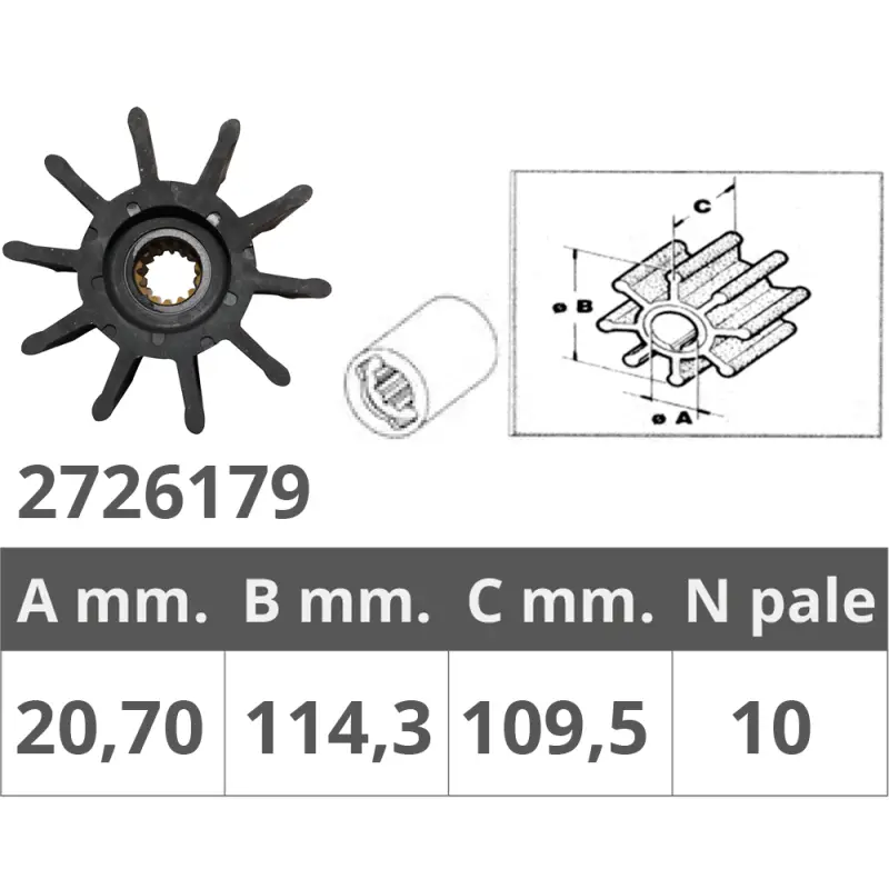 Prezzo Basso Girante Sherwood 22000K - 10 Pale, Ø Interno 20,7 mm, Ø Esterno 114,3 mm, Spessore 109,5 mm - Ricambio Nautico di Alta Qualità