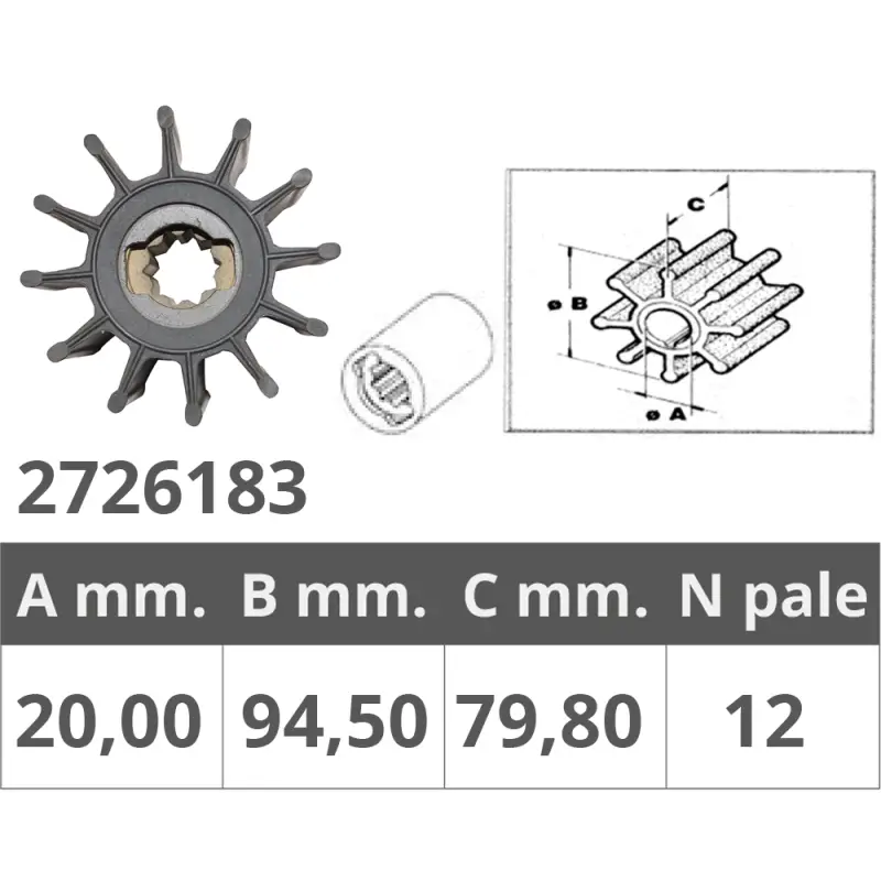 Offerta Speciale Girante Sherwood 26000K - Accessori Nautici di Qualità per Barche - Ø Interno 20 mm, Ø Esterno 94,5 mm, Spessore 79,8 mm, 12 Pale
