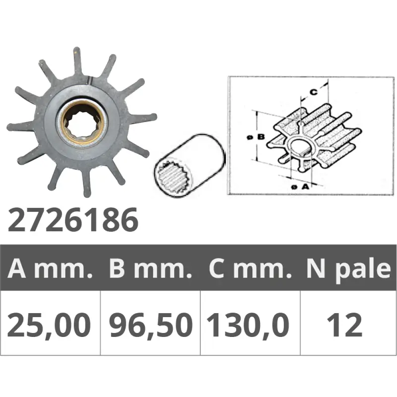 Non Perdere Girante Johnson 09-0820B - Ricambio Nautico per Impianti di Vela - Ø Int. 22,5 mm, Ø Est. 96,5 mm, Spessore 130 mm, 12 Pale