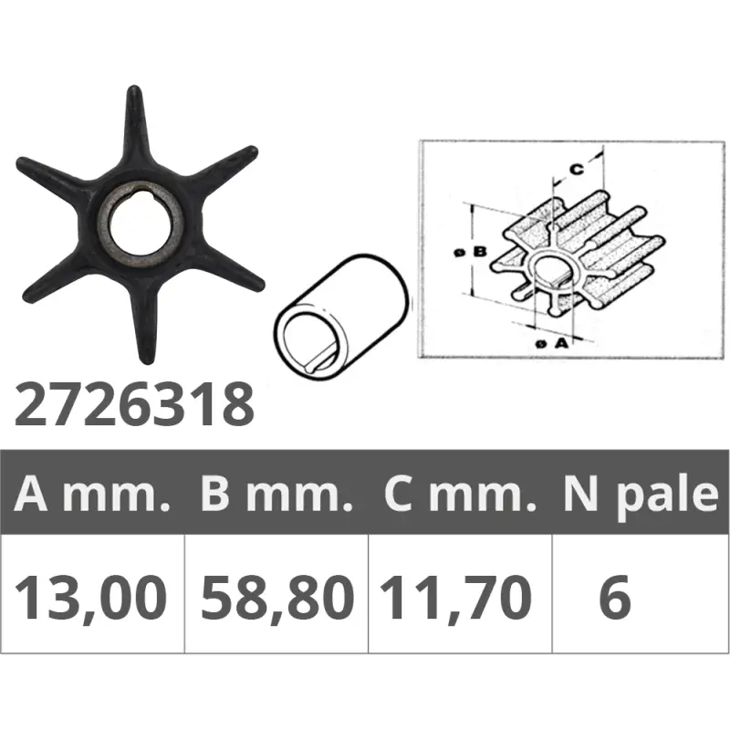 Girante Mercury 4T 9,9-15 HP - Ricambio Nautico 6 Pale, Ø Interno 13mm, Ø Esterno 58,8mm, Spessore 11,7mm Soddisfatti O Rimborsati