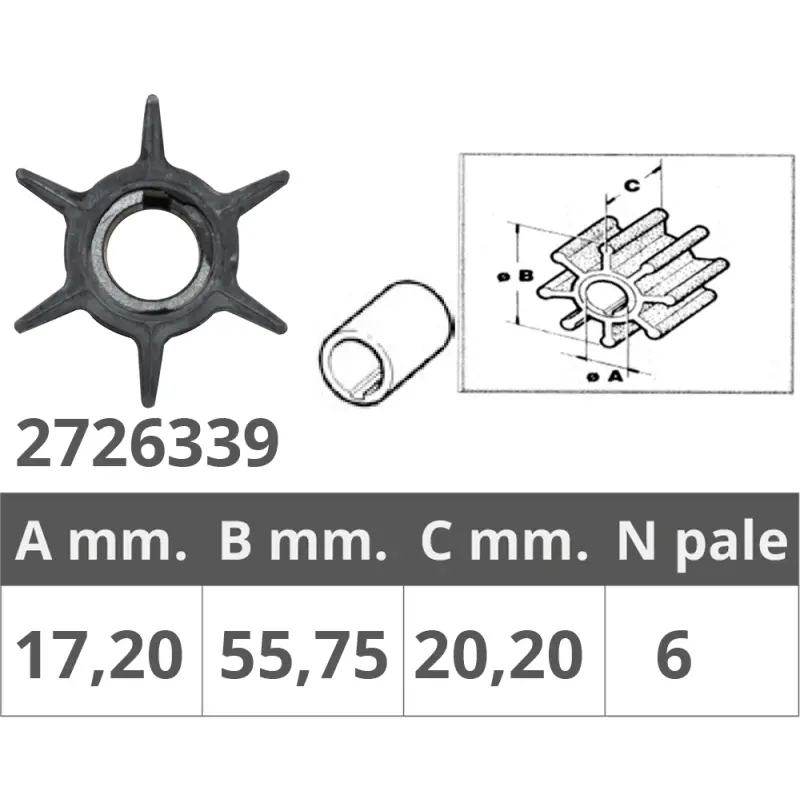 Nuova Collezione Girante Honda 4T per Motori 20, 25 e 30 HP - Dimensioni Ø Int. 17,2 mm, Ø Est. 55,75 mm, Spessore 20,2 mm, 6 Pale - Ricambio Nautico di Qualità