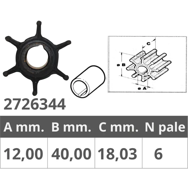 Nuovo Arrivo Girante Tohatsu 2/4T - Ø interno 12mm, Ø esterno 40mm, spessore 18mm, 6 pale - Ricambio Nautico per Barche