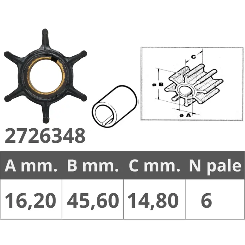 Subito Disponibile Girante Honda 4T 8-10HP - Ø Int. 16,2 mm, Ø Est. 45,6 mm, Spessore 14,8 mm, 6 Pale - Ricambio Nautico di Qualità