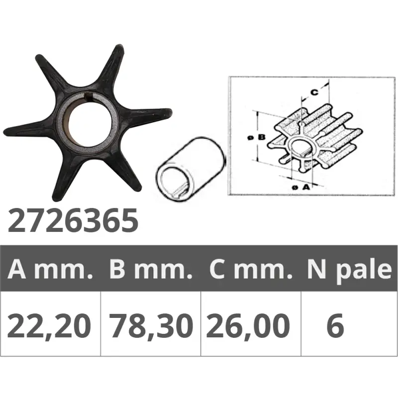 Girante per Pompe Acqua Johnson/Evinrude/Suzuki - Dimensioni Ø Int. 22,2 mm, Ø Est. 78,3 mm, Spessore 26 mm, 6 Pale - Ricambio Alta Qualità Promozione
