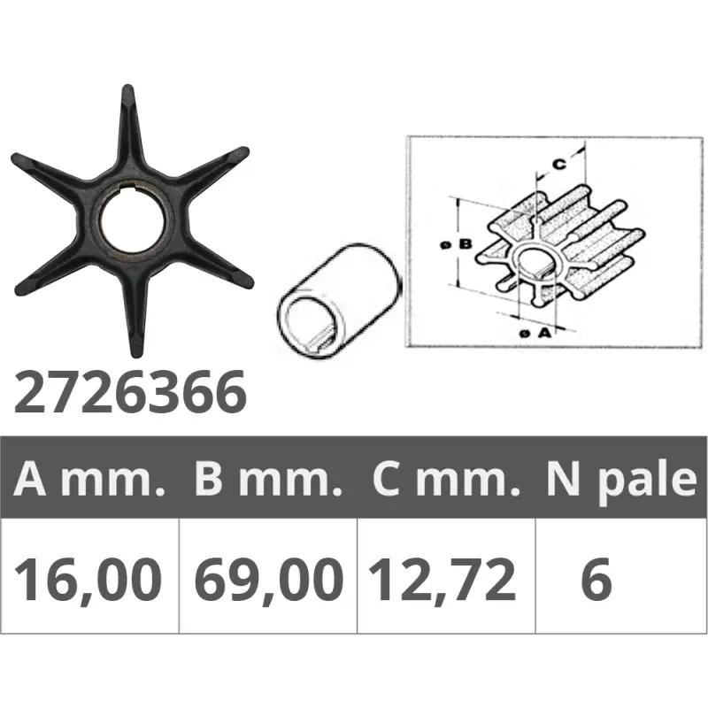Pagamento Sicuro Girante Evinrude 2T per Motori da 25, 30, 35 e 40 HP - Dimensioni Ø Int. 16 mm, Ø Est. 69 mm, Spessore 12,8 mm, 6 Pale - Accessori Nautici di Qualità