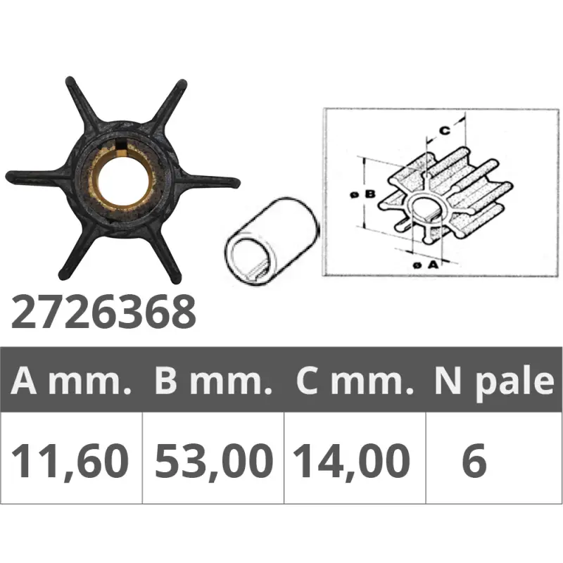 Girante Yamaha/Selva 4T 6-8 HP - Dimensioni Ø Int. 11,7 mm, Ø Est. 52,8 mm, Spessore 14 mm, 6 Pale Subito Disponibile
