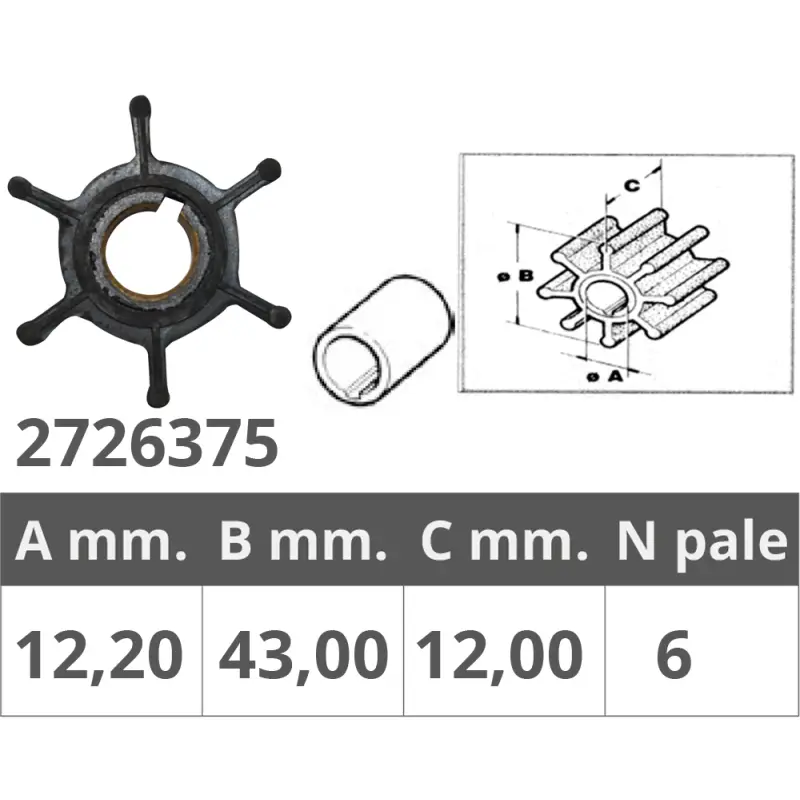 Girante Selva R.O. 8095010 - Girante Nautica con 6 Pale - Ø Interno 12.2 mm, Ø Esterno 43 mm, Spessore 12 mm - Accessorio per Barche Scelto Dai Clienti