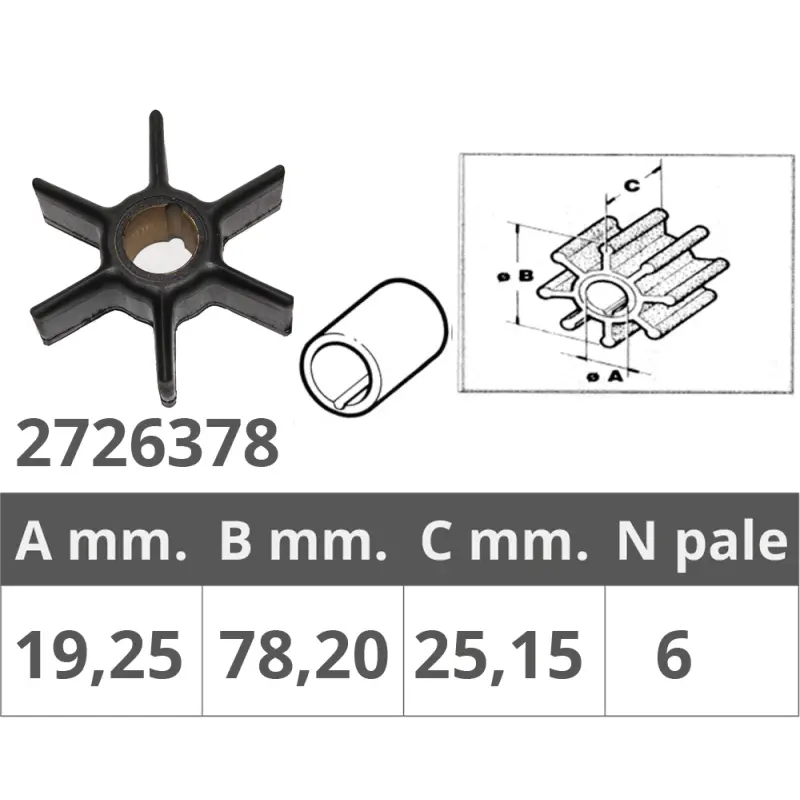 Promozione Esclusiva Elica Girante per Motori Mariner/Mercury 2/4T - 40/80 HP - Ø Interno 19,25 mm, Ø Esterno 78,2 mm, Spessore 25,15 mm, 6 Pale