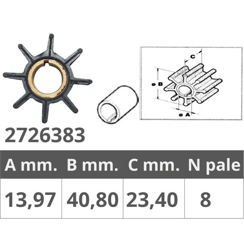 Offerta Girante Tohatsu 2/4T per Motori Nautici da 9,9 a 18 HP - Ø Interno 13,97 mm, Ø Esterno 40,8 mm, Spessore 23,4 mm, 8 Pale