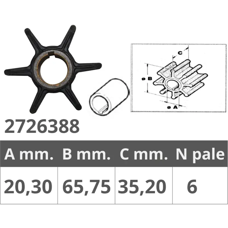 Direttamente Dal Produttore Girante Tohatsu 2T per Motori Nautici 70-90-120-140 HP - Ø Int. 20,15 mm, Ø Est. 67,4 mm, Spessore 35,1 mm, 6 Pale
