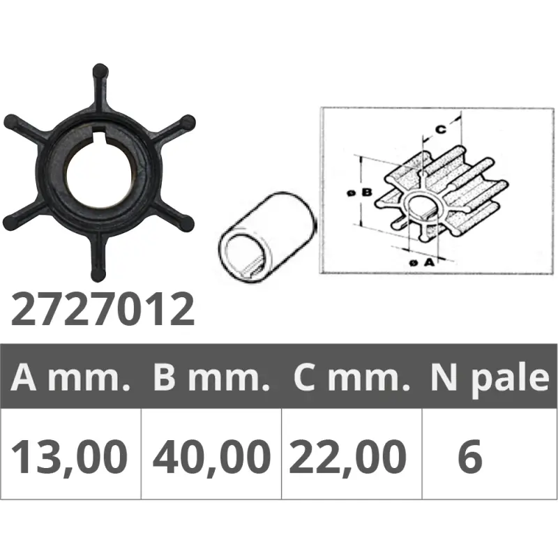 Girante Yamaha-Mercury 2/4T 8-15 HP - Ø Interno 13 mm, Ø Esterno 40 mm, Spessore 22 mm, 6 Pale - Alta Prestazione per Motori Nautici Affare