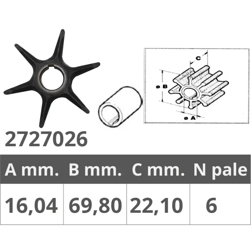 Elica Gir. Johnson/Ev. Yamaha 2T 25-40HP - Ø Int. 16,04 mm - Ø Est. 69,8 mm - Spessore 22,1 mm - 6 Pale Promozione