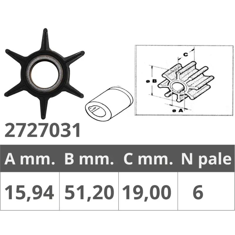 Super Prezzo Girante Johnson/E.2T per Motori Nautici 20-25-30-35HP - Ø Interno 16mm, Ø Esterno 51mm, Spessore 19mm, 6 Pale