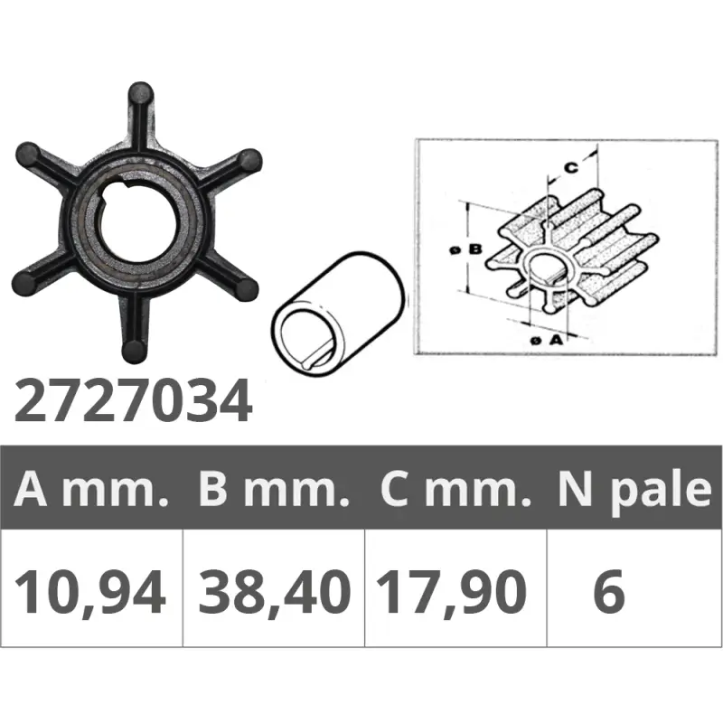 Girante Johnson/EV 2T per Motori Nautici 1,5-2-4-6 HP - Ø Interno 11,2 mm, Ø Esterno 38,4 mm, Spessore 17,9 mm, 6 Pale - Accessori Nautici di Qualità Professionale
