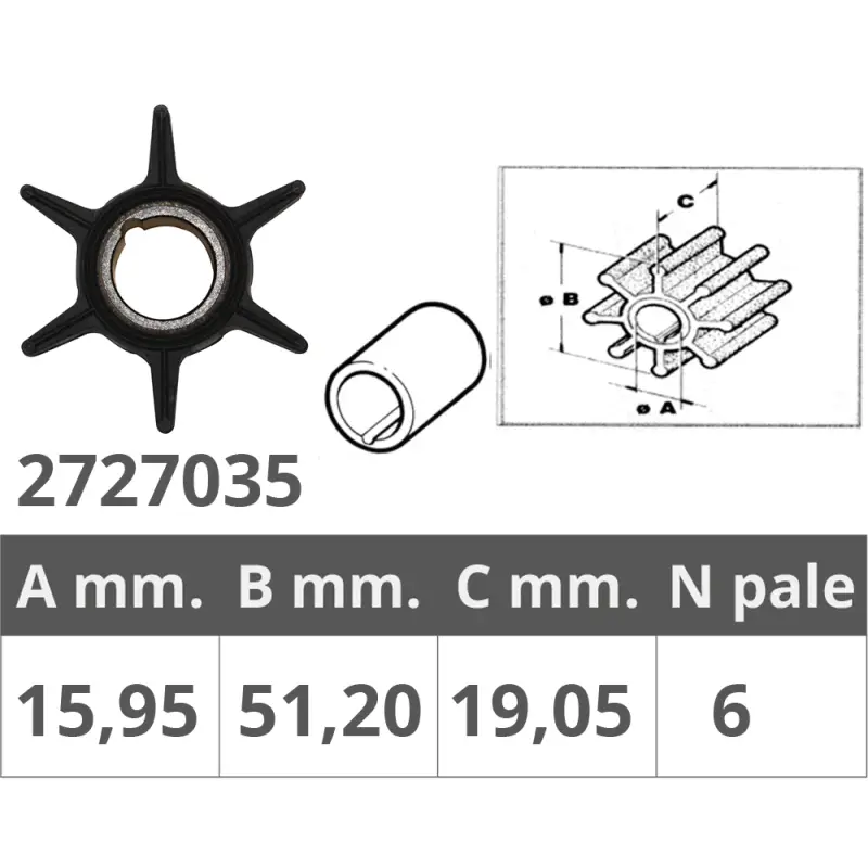 Esclusivo Girante Johnson/Evinrude 2T 25HP - Ricambio Nautico di Alta Qualità con 6 Pale (Ø Int. 16mm, Ø Est. 51,5mm, Spessore 19,5mm)
