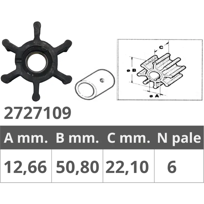 Nuovo Arrivo Girante Jab.673-001 per Motori Nautici - Dimensioni Ø Int. 12,66 mm - Ø Est. 50,8 mm - Spessore 22,1 mm - 6 Pale