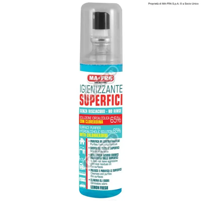 Igienizzante Superfici Spray 125ml - Ma-Fra, soluzione al 65% di clorexidina per una pulizia profonda e sicura, con aroma fresco di limone, ideale per barche, uffici e ambienti pubblici Soddisfatti O Rimborsati