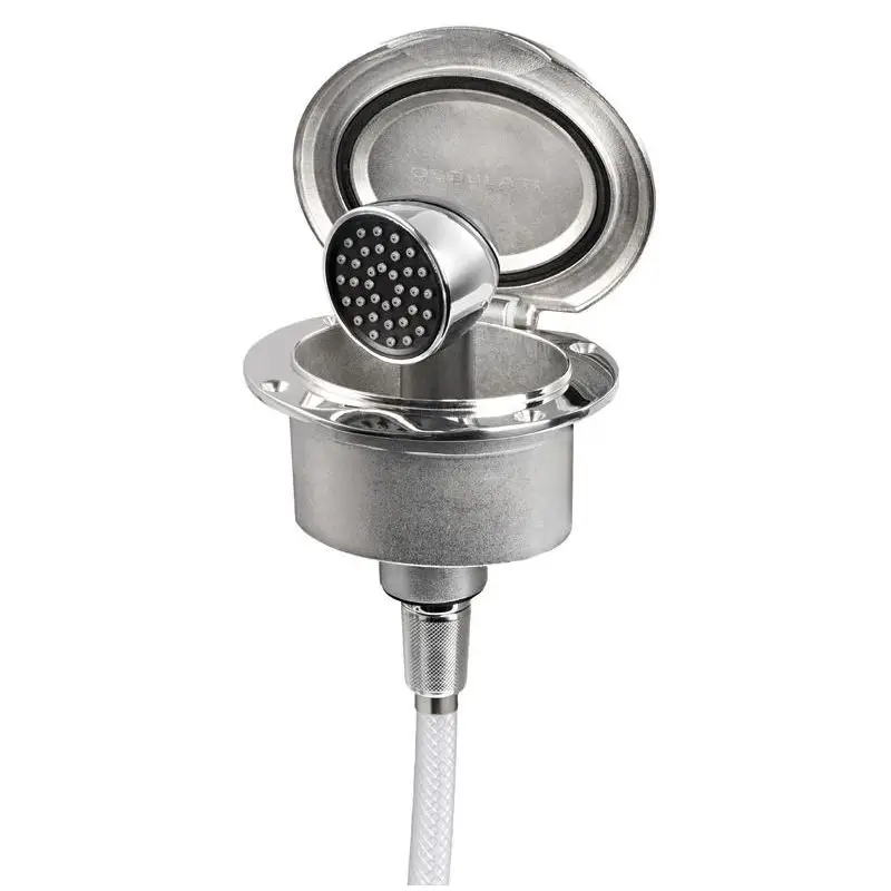 Pagamento Sicuro Box Elissa in inox AISI 316 con doccia Keji e tubo PVC 2,5 m - Vano doccia autoreggente con testa maggiorata e boccola in gomma antivibrante