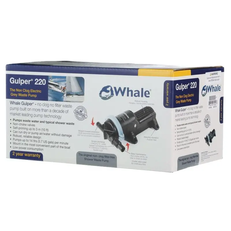 Must-Have Pompa Whale Gulper 220 12V Retail per Pompaggio Acqua di Rifiuto - Alta Efficienza e Funzionamento Silenzioso, Autoadescante fino a 3 m, Installazione Facile in Spazi Ristretti.