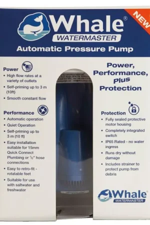 Acquista Ora Autoclave Whale Watermaster 11,5 l/min 12 V - Pressostato Automatico e Silenziosa per Impianti Nautici fino a 4 Utenze, Protezione IP65, Autoadescante, adatta a Acqua Salata e con Filtro Aspirazione