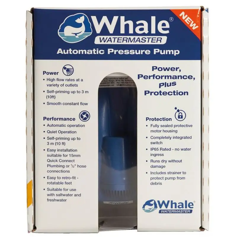 Acquista Ora Autoclave Whale Watermaster 11,5 l/min 12 V - Pressostato Automatico e Silenziosa per Impianti Nautici fino a 4 Utenze, Protezione IP65, Autoadescante, adatta a Acqua Salata e con Filtro Aspirazione