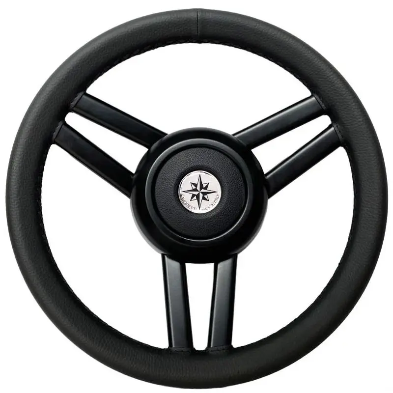Consegna Rapida Volante Ghost 3 razze Ø mm 350 in pelle nera, con attacco universale e finiture in acciaio inox verniciato satinato, ideale per barche e imbarcazioni.
