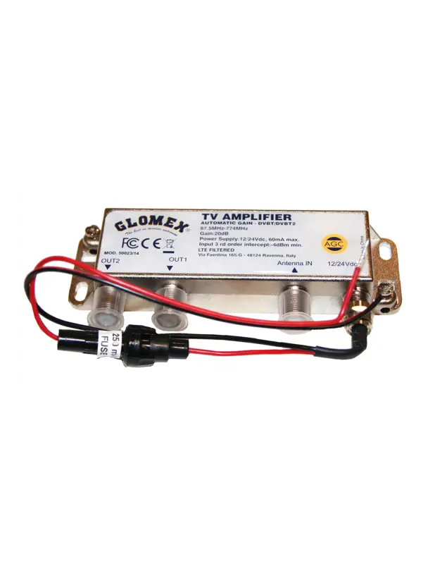 Amplificatore Glomex 50023/14, 12/24V, 1 ingresso 2 uscite TV+FM Nuova Collezione